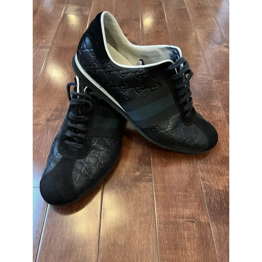 Gucci Guccissi Mens Size 8.5‎ Leather Low Top GG Stripe Made in Italy Sneakers